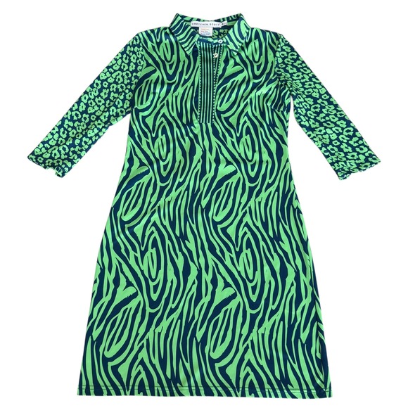 Gretchen Scott Everywhere Jersey Dress Animal Print Collared‎ 3/4 SleeveSz XS